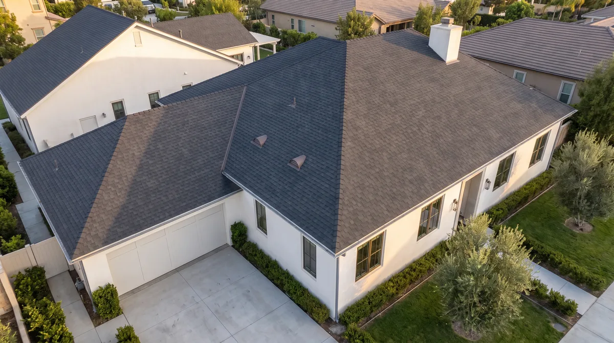 Oblique roof image of the fictional sample property showing its roof form
