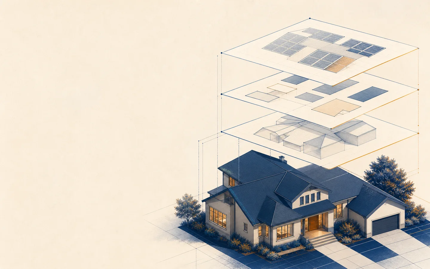 Illustration of a home with roof scope, solar planning, evidence, and decision-report layers arranged above it